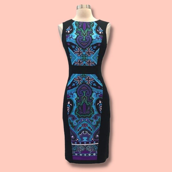 Cache Dresses & Skirts - Tube midi dress, Size S, Round neck, Sleeveless, Paisley, Blue & Black, Cache